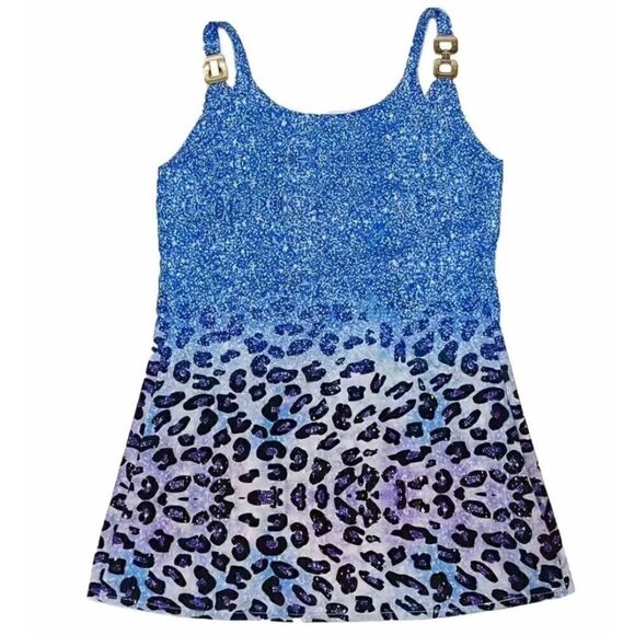 NEW SZ L Woman’s Blue Marble Leopard Print Chain Strap Blouse Top - Picture 2 of 5